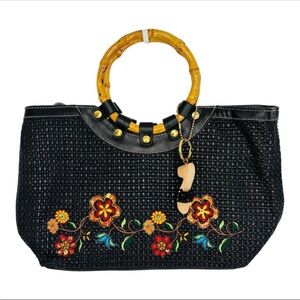 CL America Women’s Floral Embroidered Black Tote Bag with Bamboo Ring Handles